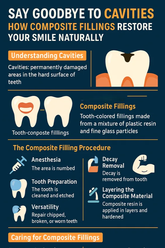 Infographic on how composite fillings restore your smile, including the filling procedure